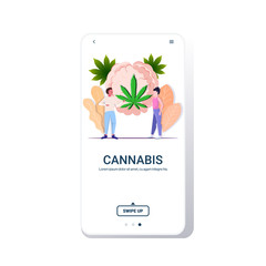 man woman standing near brain with cannabis leaf influence of smoking marijuana on human brain drug consumption concept mobile app smartphone screen flat full length copy space vector illustration
