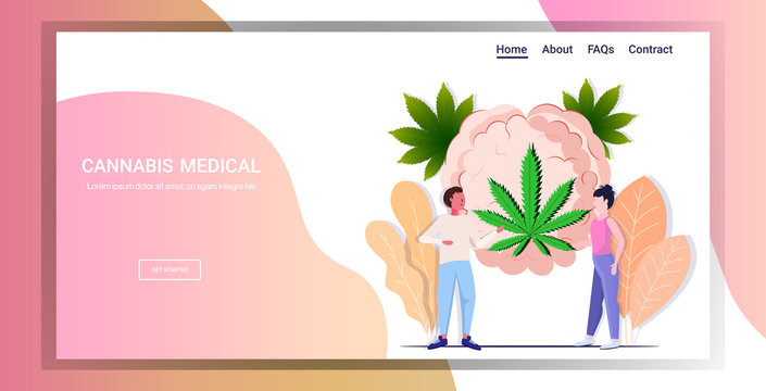 man woman standing near brain with cannabis leaf influence of smoking marijuana on human brain drug consumption concept horizontal flat full length copy space vector illustration