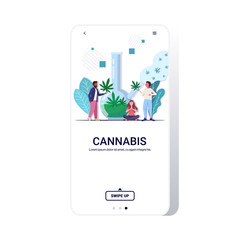mix race people smoking cannabis marijuana with bong drug consumption concept full length smartphone screen mobile app copy space vector illustration