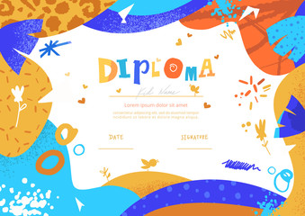 Modern colorful Diploma template for kids. Vector illustration template certificate background with hand drawn letters of Preschool school, preschool or playschool. 