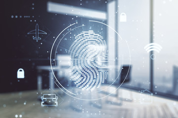 Hologram fingerprint scanner on the background of a workplace with a computer, double exposure