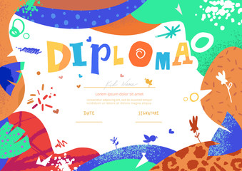 Modern colorful Diploma template for kids. Vector illustration template certificate background with hand drawn letters of Preschool school, preschool or playschool. 