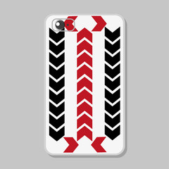 Protective cover for mobile phone with technological pattern - red and black pointers, direction of movement, arrows on white background. Vector illustration in  bright color palette.