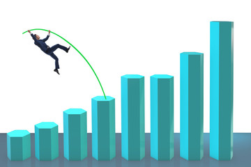 Businessman vault jumping over bar charts