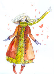 watercolor girl in a long dress and a coat  