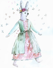 isolated watercolor  rabbit in a dress with 