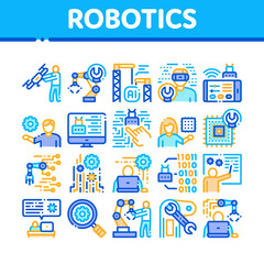 Fototapeta na wymiar Robotics Master Collection Icons Set Vector. Human Worker With Drone And Robot Machine, Robotics Artificial Intelligence And Binary Code Concept Linear Pictograms. Color Contour Illustrations