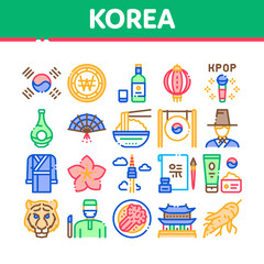Fototapeta na wymiar Korea Traditional Collection Icons Set Vector. Korea Flag And Wearing, Food And Drink, Palace Building And Gong, Fan And Lantern Concept Linear Pictograms. Color Contour Illustrations