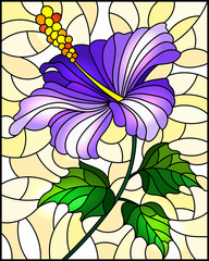 Illustration in stained glass style with flower, buds and leaves of purple hibiscus on a yellow  background