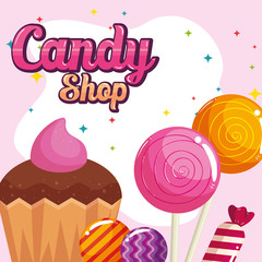 poster of candy shop with cupcake and caramels vector illustration design
