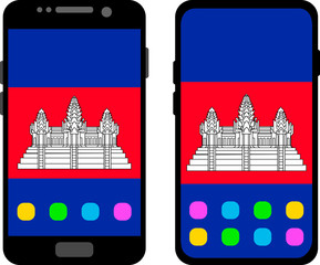 Two black smartphones with a home screen and wallpaper with the flag of Cambodia: old model with gray buttons and new model without buttons. Vector graphics, illustration
