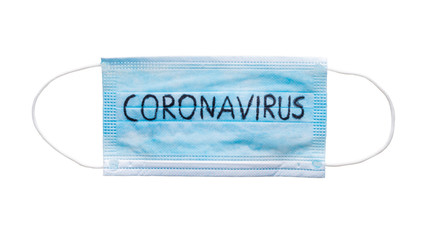 Coronavirus - 2019-nCoV, WUHAN virus concept. Surgical mask protective mask with CORONAVIRUS text isolated on white Background.