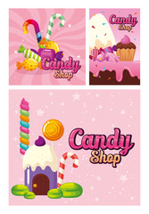 set poster of candy shop and caramels decoration vector illustration design
