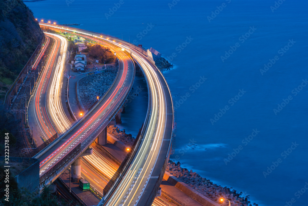 Poster aerial view of cars driving on highway junctions. bridge roads shape in connection of architecture c