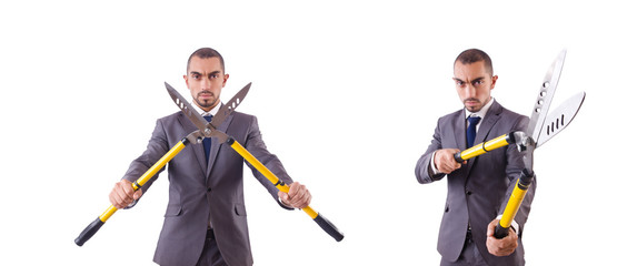 Man with shears in job cutting concept