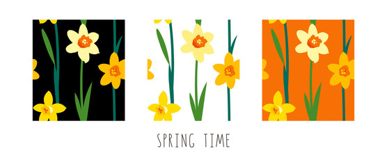 Fototapeta premium Vector set of floral seamless patterns with yellow daffodils isolated on white black and orange background. Endless texture. Bright fabric print for greeting card template. Lettering. Spring time