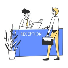 Manager providing services to customer vector illustration. Office reception worker giving advice to client. Bank worker consulting man. Banking, service center