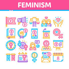 Feminism Woman Power Collection Icons Set Vector. Feminism Symbol On Flag And Gps Mark, Lesbians And Hand Hold Scales, Equality And Love Concept Linear Pictograms. Color Contour Illustrations