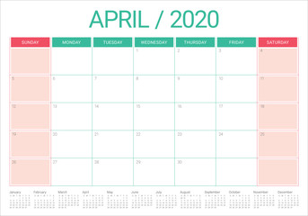 April 2020 desk calendar vector illustration