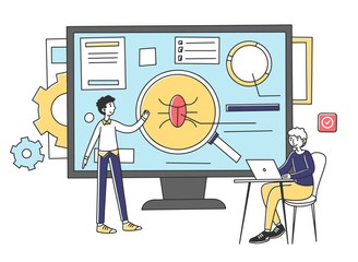 Programmers testing new application. Male developers fixing bugs, using computer, working together. Vector illustration for software development, programming, coding concept