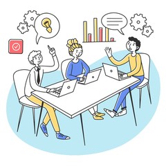 Professionals with laptops discussing project in meeting room. Office employees sharing ideas for project. Vector illustration for brainstorming, corporate discussion, startup concept