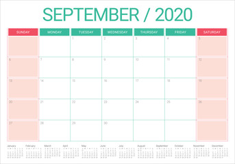 September 2020 desk calendar vector illustration