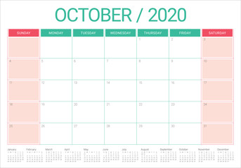 October 2020 desk calendar vector illustration