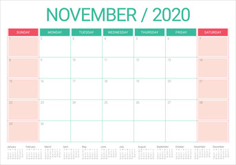 November 2020 desk calendar vector illustration