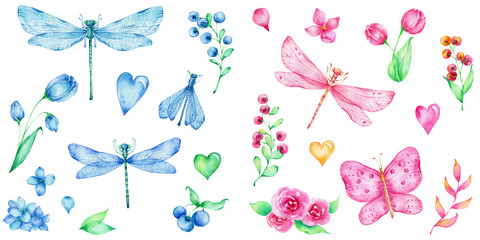 Fototapeta na wymiar Big set of pink and blue dragonflies and butterfly, hearts, flowers and berries; watercolor hand draw illustration; can be used for cards and invitations; with white isolated background