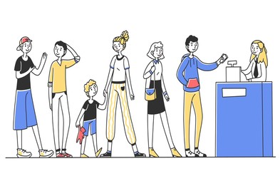 People waiting in line for service vector illustration. Customers standing in queue for payment. Cashier providing service for clients. Shopping in store and supermarket