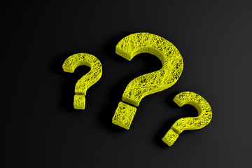 A set of thin strands twisted together in the form of three question marks. 3D illustration.