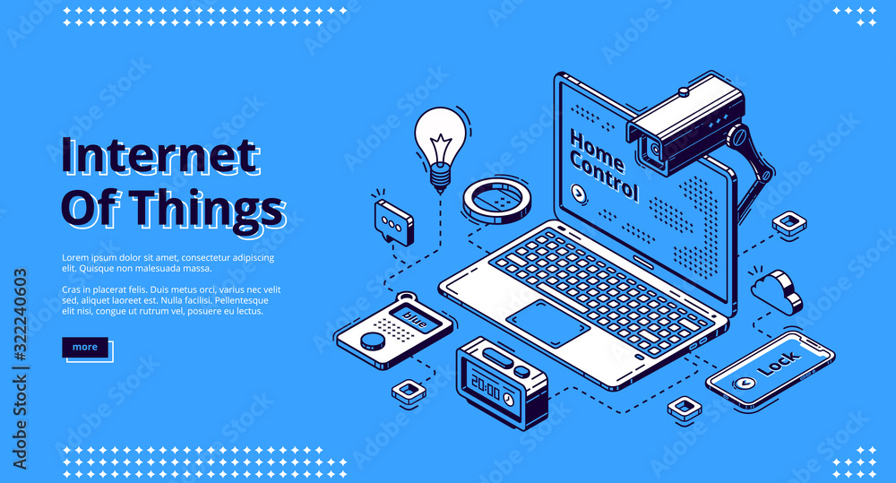 Poster internet of things isometric web banner. laptop with artificial intelligence technology and smart ho