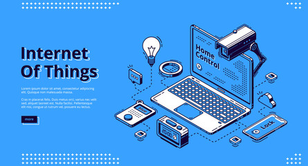 Internet of things isometric web banner. Laptop with artificial intelligence technology and smart house equipment and services for home control, iot. 3d vector illustration, line art, landing page