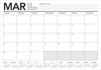 March 2020 desk calendar vector illustration