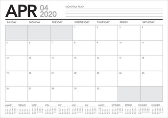 April 2020 desk calendar vector illustration