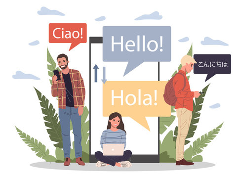 Online multi language translator flat vector illustration. Smartphone with translation app. People learning foreign language via mobile service concept.