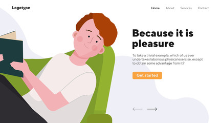 Student guy studying textbook at home. Young man reading book in armchair flat vector illustration. Reader, homework, leisure concept for banner, website design or landing web page