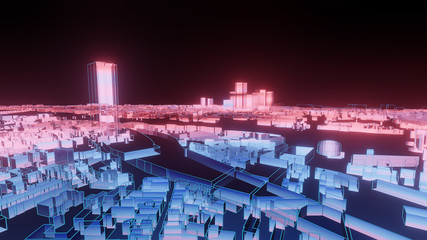 3D rendering of cityscape, divided by red and blue zones