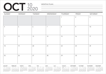 October 2020 desk calendar vector illustration
