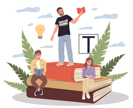 Happy people reading books. Students on stack of books, studying textbooks, getting knowledge. Vector illustration for learning, literature, library, education concept