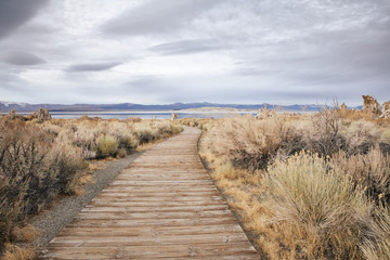 View of a Trail Leading to a Saline Soda Lake in Eastern Sierra Navada Mountains on a Cloudy Day