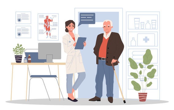 Senior patient visiting doctor office. Old man with cane consulting physician. Vector illustration for medical consultation, diagnosis treatment, healthcare concept