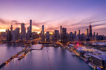 Crédence de cuisine en verre imprimé Chicago Chicago downtown buildings skyline sunset evening Navy Pier