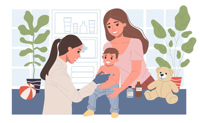 Positive pediatrician vaccinating cute child in medical office. Kid doctor making injection of vaccine to toddler boy. Vector illustration for immunity health, disease prevention, inoculation concept