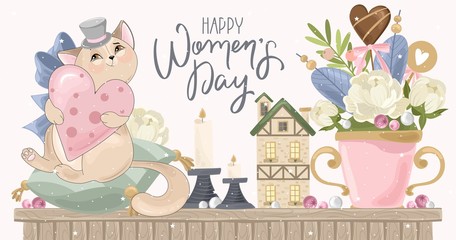 Fototapeta premium Greeting card for women's day. Romantic cat with holiday elements. The inscription by hand. Vector illustration. Template for invitations, greetings, greetings, posters.