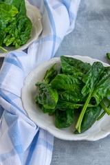 Close up view of raw spinach salad, vegetarian healthy ingredient