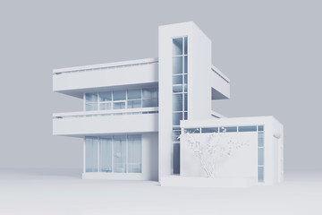 Modern house with a balcony and a high staircase, project in gray materials with daylight. 3D stock illustration.