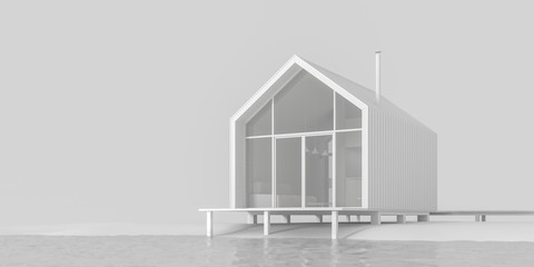 Fototapeta premium The project of a modern small cottage house in Scandinavian eco-friendly Northern style with a high roof on the lake in white materials with daylight, 3D illustration. Stock illustration.