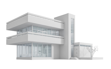 Project of a modern cottage house in white materials with daylight on a white background.3D illustration. 3D render. Stock illustration.