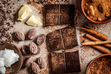 Chocolate bar and ngredients for making chocolate background.